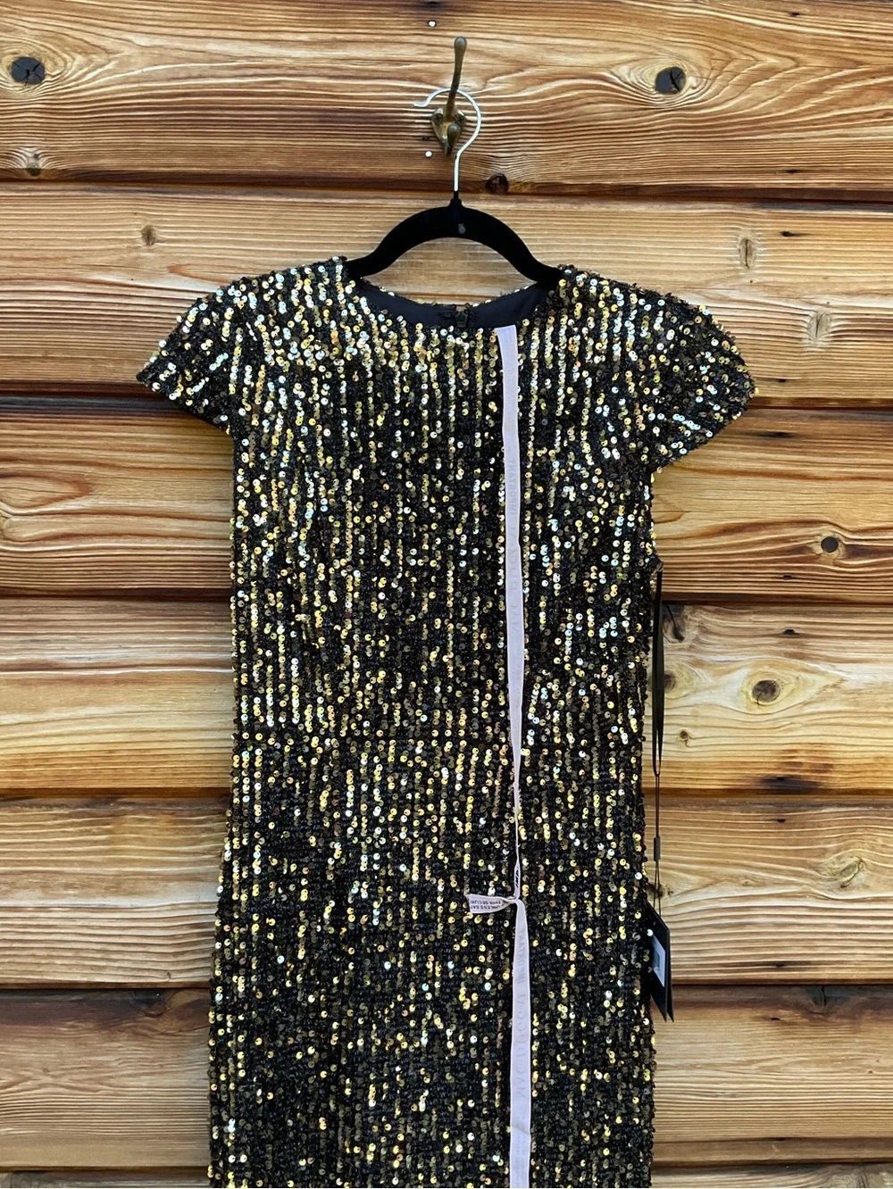 Mac Duggal Black Gold Sequin Cap Sleeve Gown Dress Size 4 - Picture 8 of 14